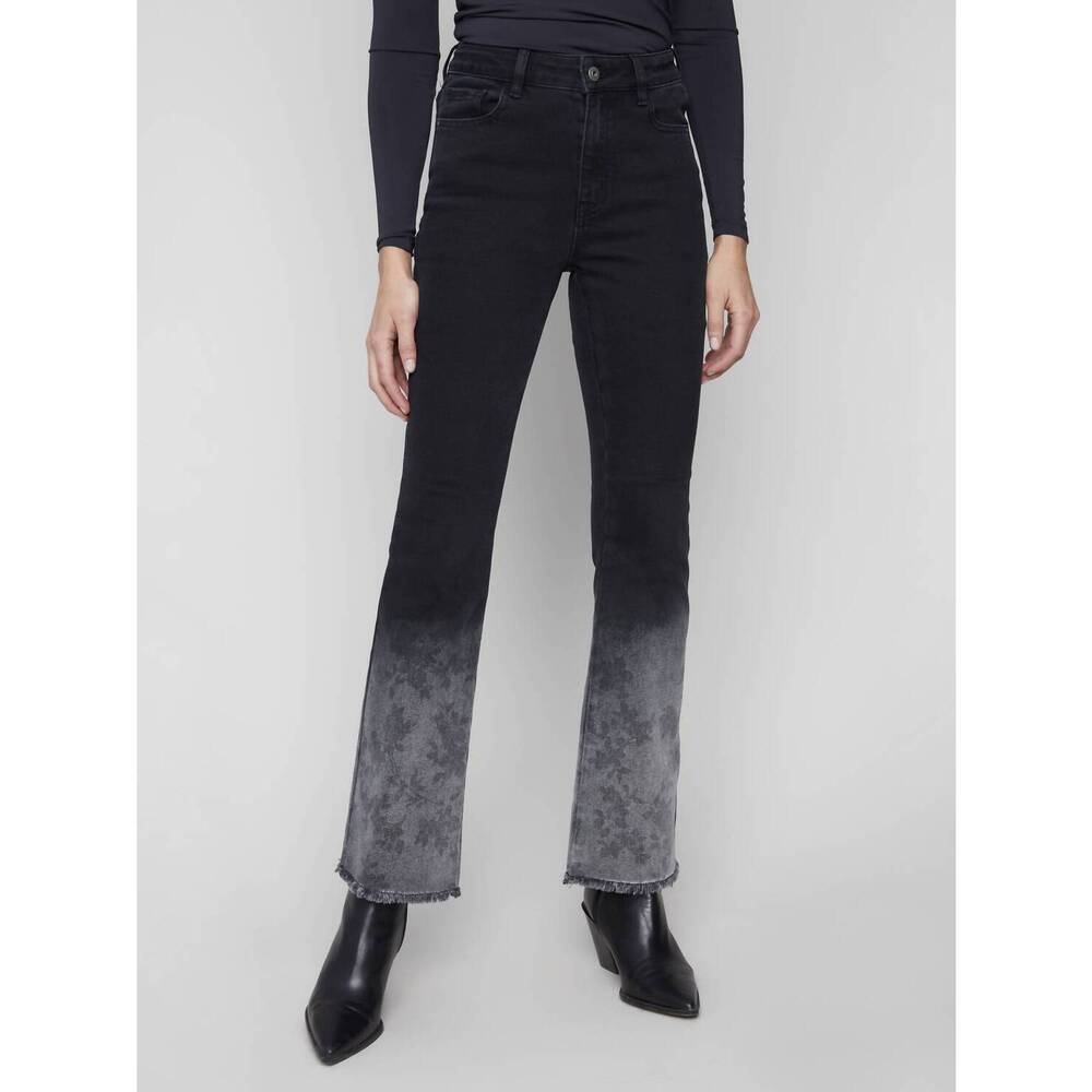 NEW CHARLIE B flare leg denim pants with flower washblast hem in charcoal